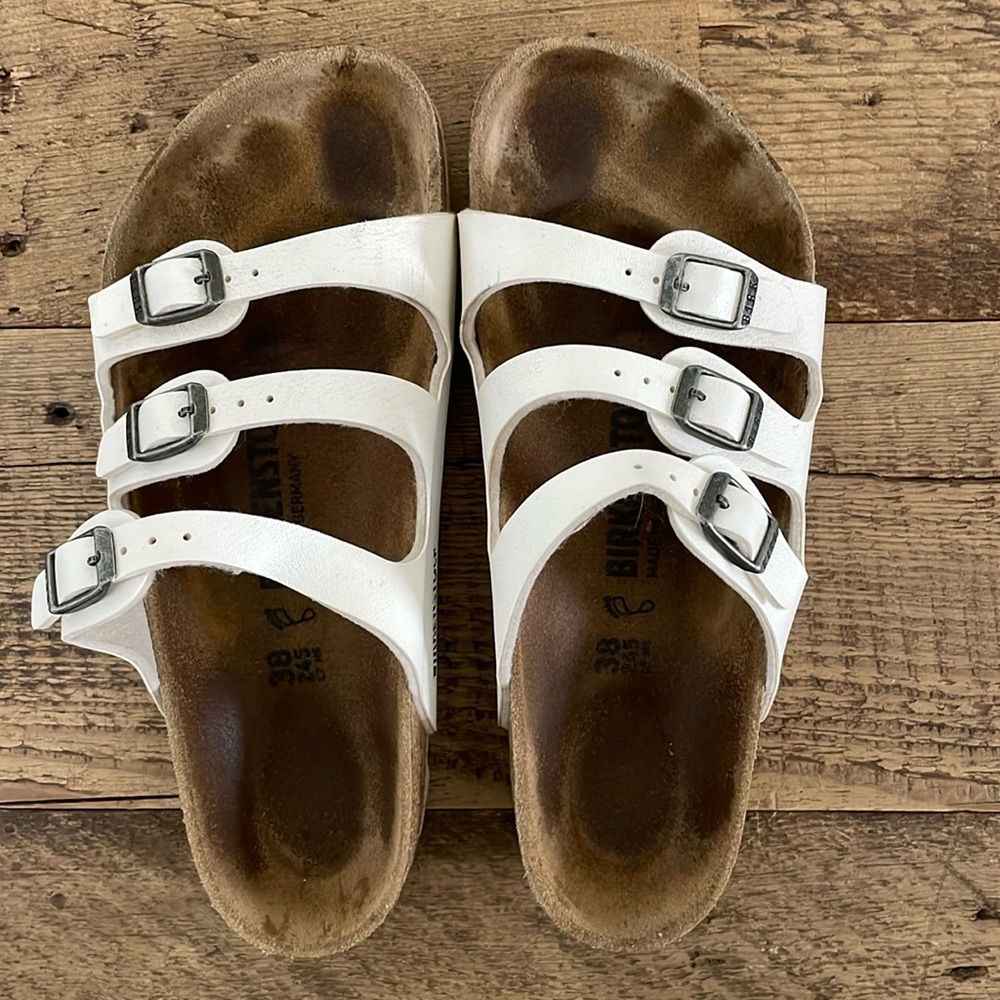 White Birkenstock Three Strap Sandals